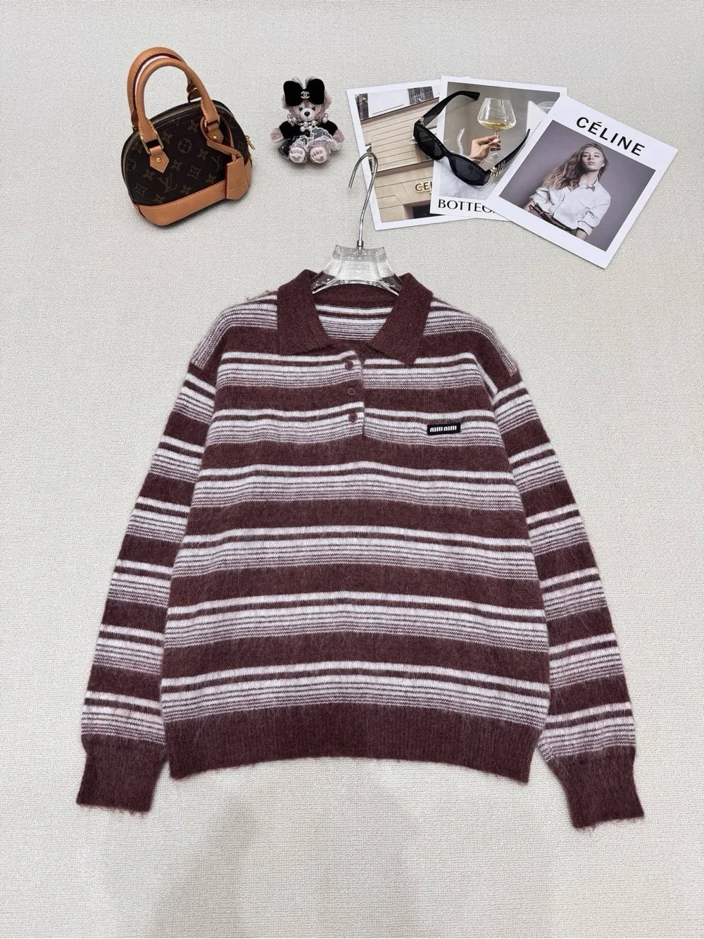 Miu Miu Burgundy and White Striped Polo-Neck Sweater